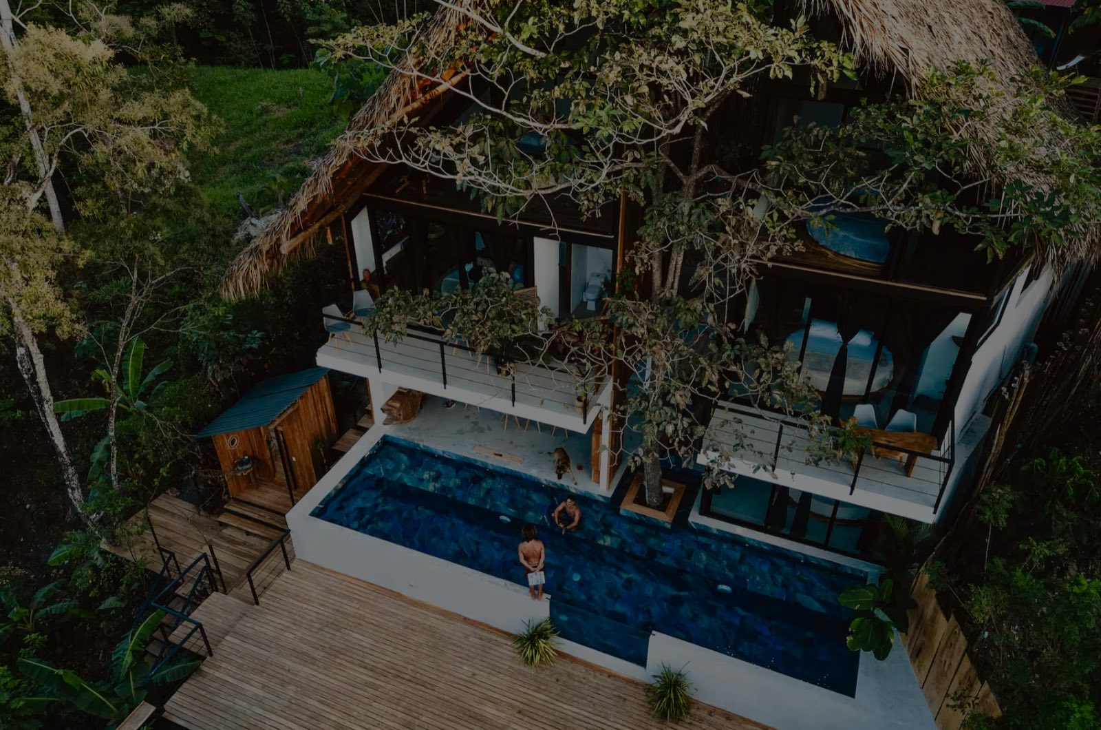 The lodge among the trees from above
